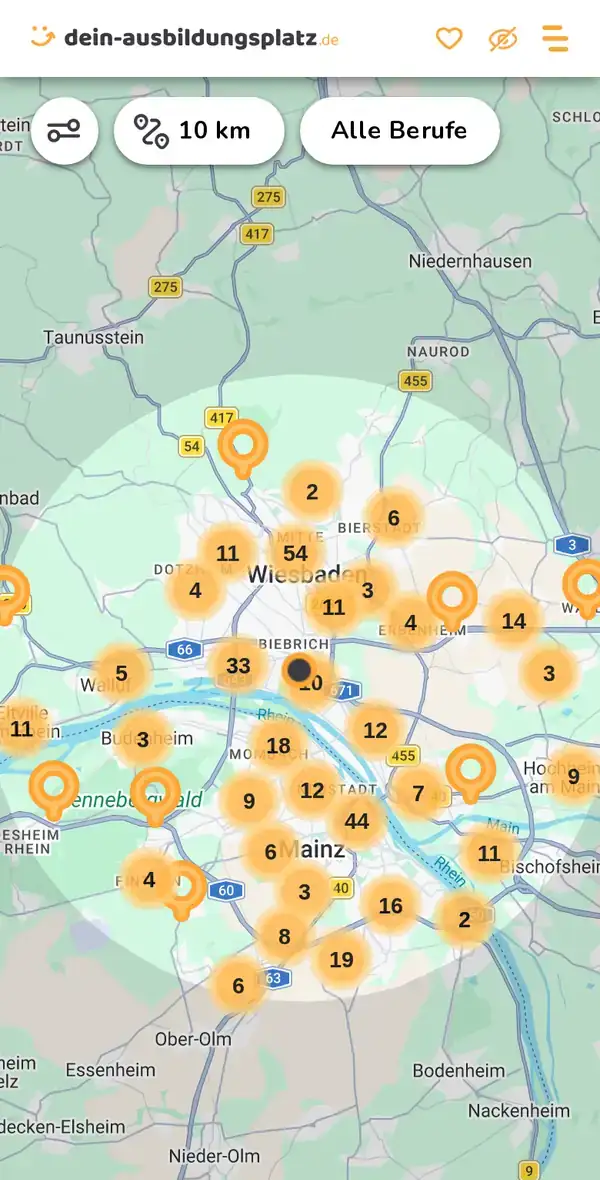 Karte von dein-ausbildungsplatz.de: Ausbildungsbetriebe im Umkreis von 10 km um 65203 Wiesbaden
