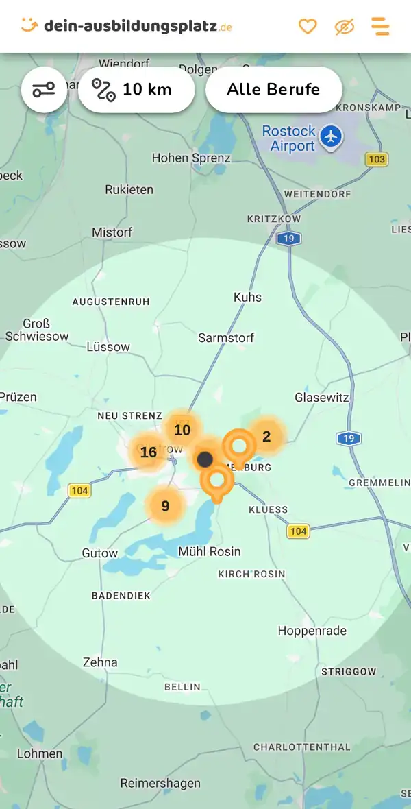 Karte von dein-ausbildungsplatz.de: Ausbildungsbetriebe im Umkreis von 10 km um 18273 Güstrow