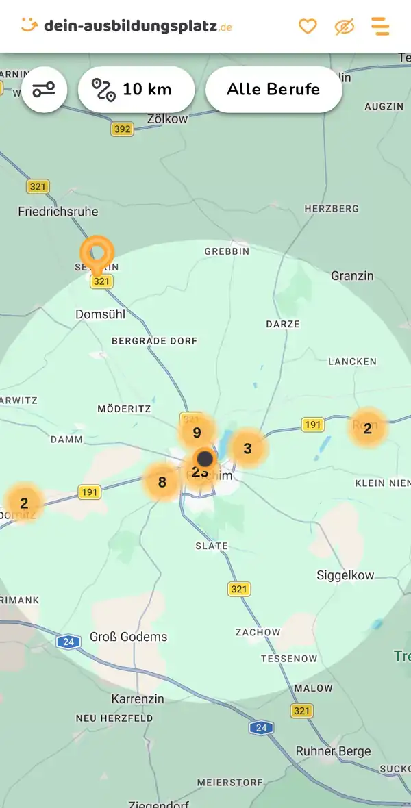 Karte von dein-ausbildungsplatz.de: Ausbildungsbetriebe im Umkreis von 10 km um 19370 Parchim