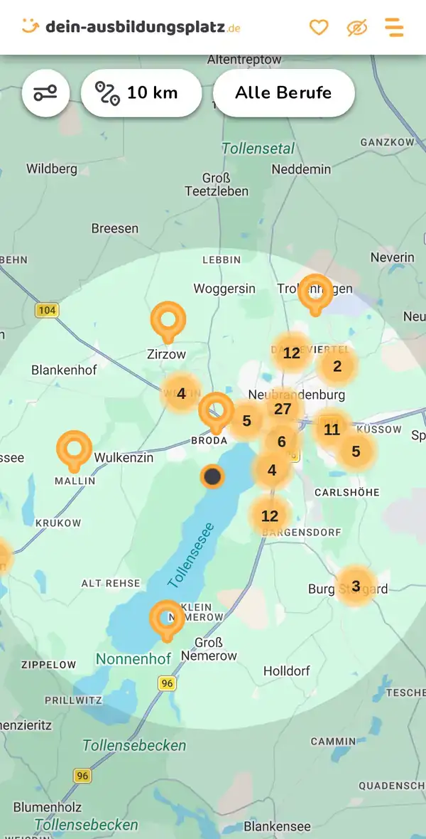 Karte von dein-ausbildungsplatz.de: Ausbildungsbetriebe im Umkreis von 10 km um 17033 Neubrandenburg