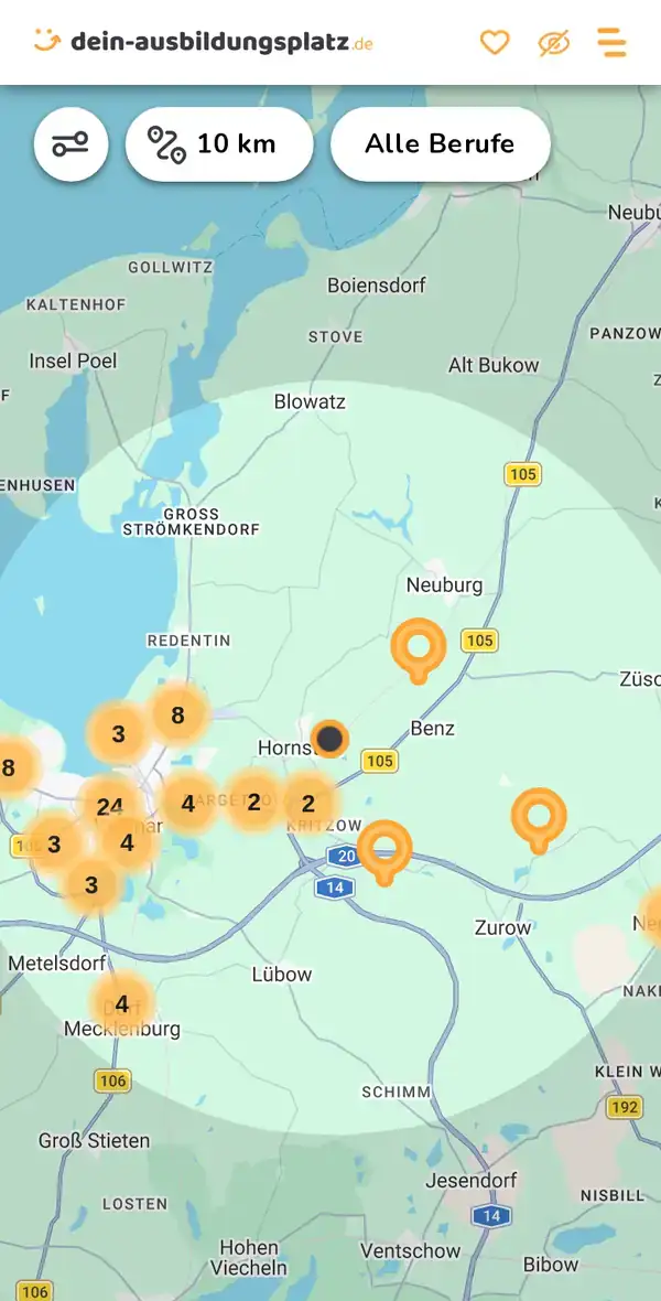 Karte von dein-ausbildungsplatz.de: Ausbildungsbetriebe im Umkreis von 10 km um 23970 Benz