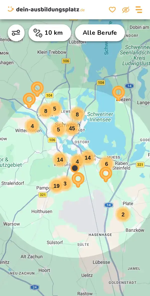 Karte von dein-ausbildungsplatz.de: Ausbildungsbetriebe im Umkreis von 10 km um 19061 Schwerin