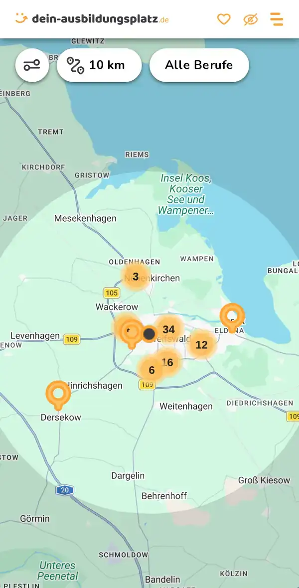 Karte von dein-ausbildungsplatz.de: Ausbildungsbetriebe im Umkreis von 10 km um 17489 Greifswald