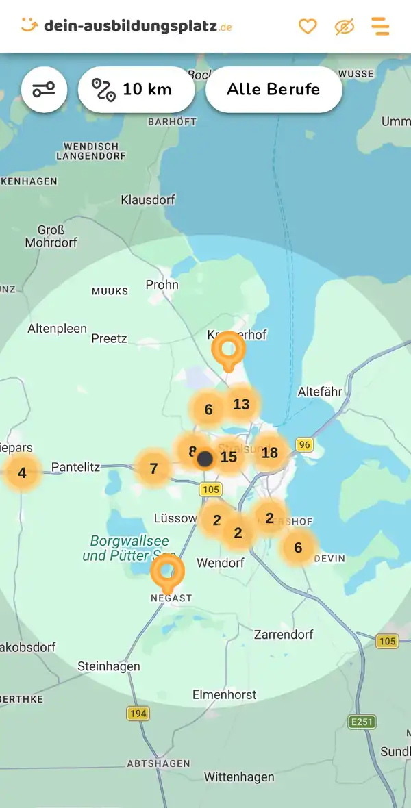 Karte von dein-ausbildungsplatz.de: Ausbildungsbetriebe im Umkreis von 10 km um 18437 Stralsund