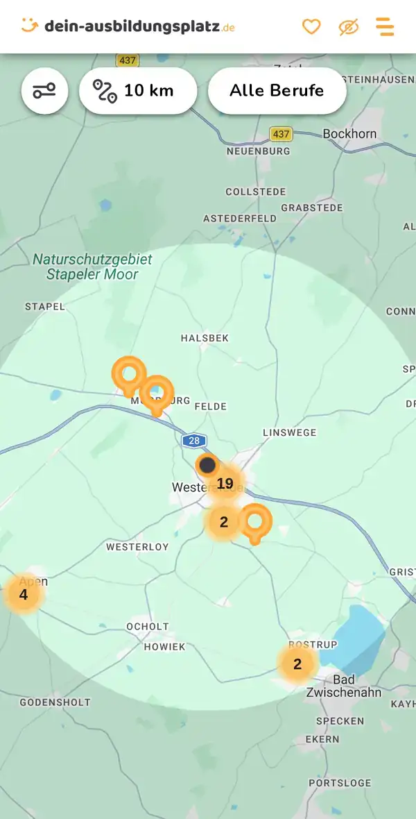 Karte von dein-ausbildungsplatz.de: Ausbildungsbetriebe im Umkreis von 10 km um 26655 Westerstede