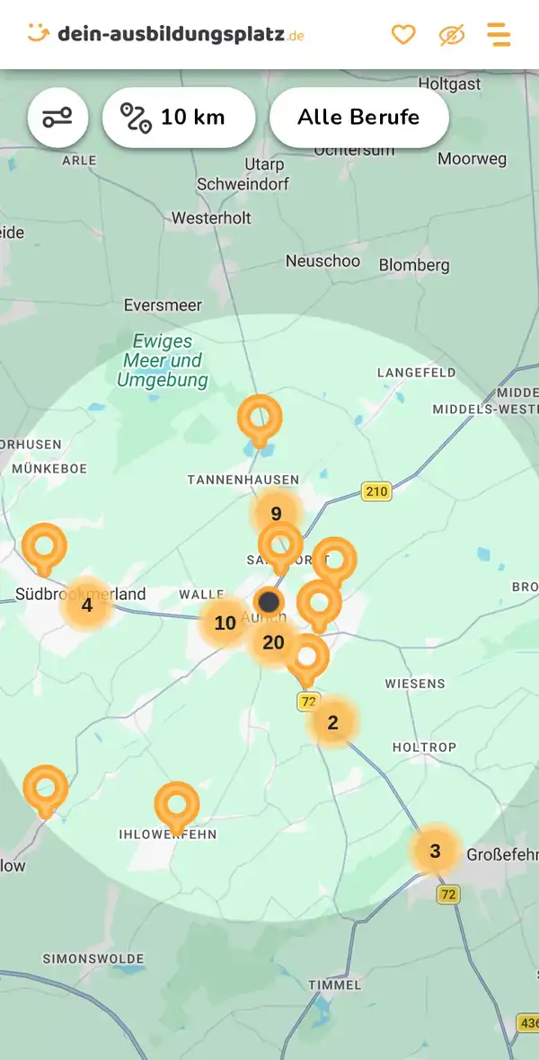 Karte von dein-ausbildungsplatz.de: Ausbildungsbetriebe im Umkreis von 10 km um 26603 Aurich