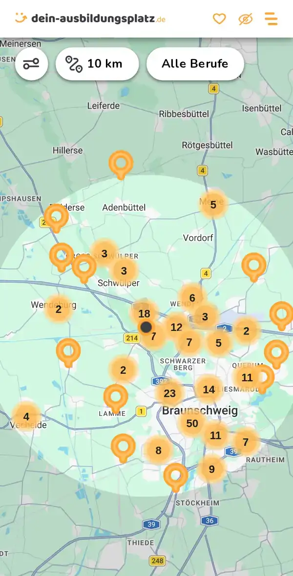 Karte von dein-ausbildungsplatz.de: Ausbildungsbetriebe im Umkreis von 10 km um 38112 Braunschweig