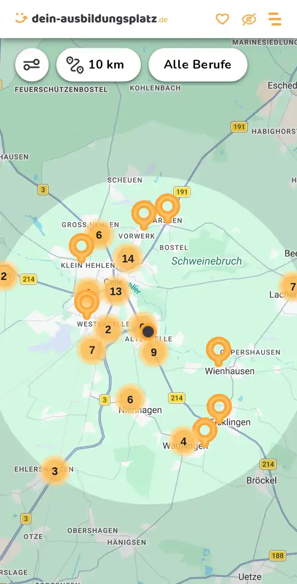Karte von dein-ausbildungsplatz.de: Ausbildungsbetriebe im Umkreis von 10 km um 29227 Celle