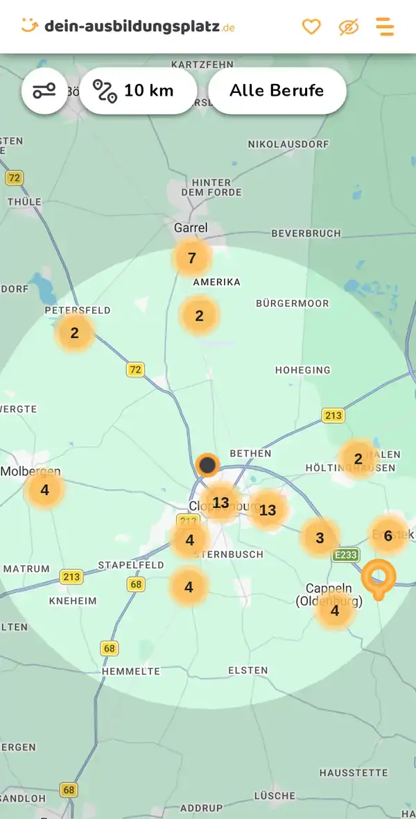 Karte von dein-ausbildungsplatz.de: Ausbildungsbetriebe im Umkreis von 10 km um 49661 Cloppenburg