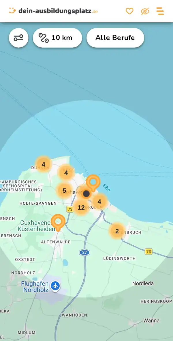 Karte von dein-ausbildungsplatz.de: Ausbildungsbetriebe im Umkreis von 10 km um 27472 Cuxhaven