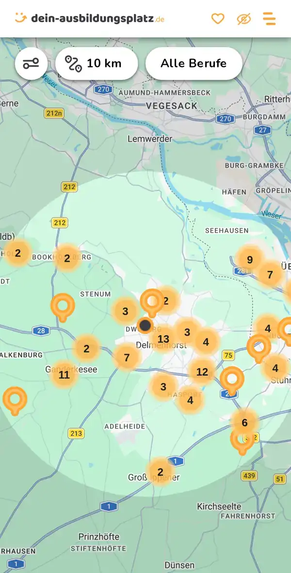 Karte von dein-ausbildungsplatz.de: Ausbildungsbetriebe im Umkreis von 10 km um 27753 Delmenhorst