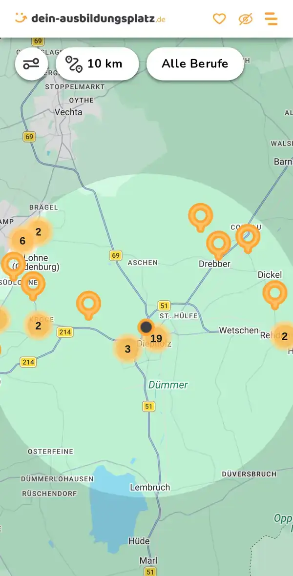 Karte von dein-ausbildungsplatz.de: Ausbildungsbetriebe im Umkreis von 10 km um 49356 Diepholz
