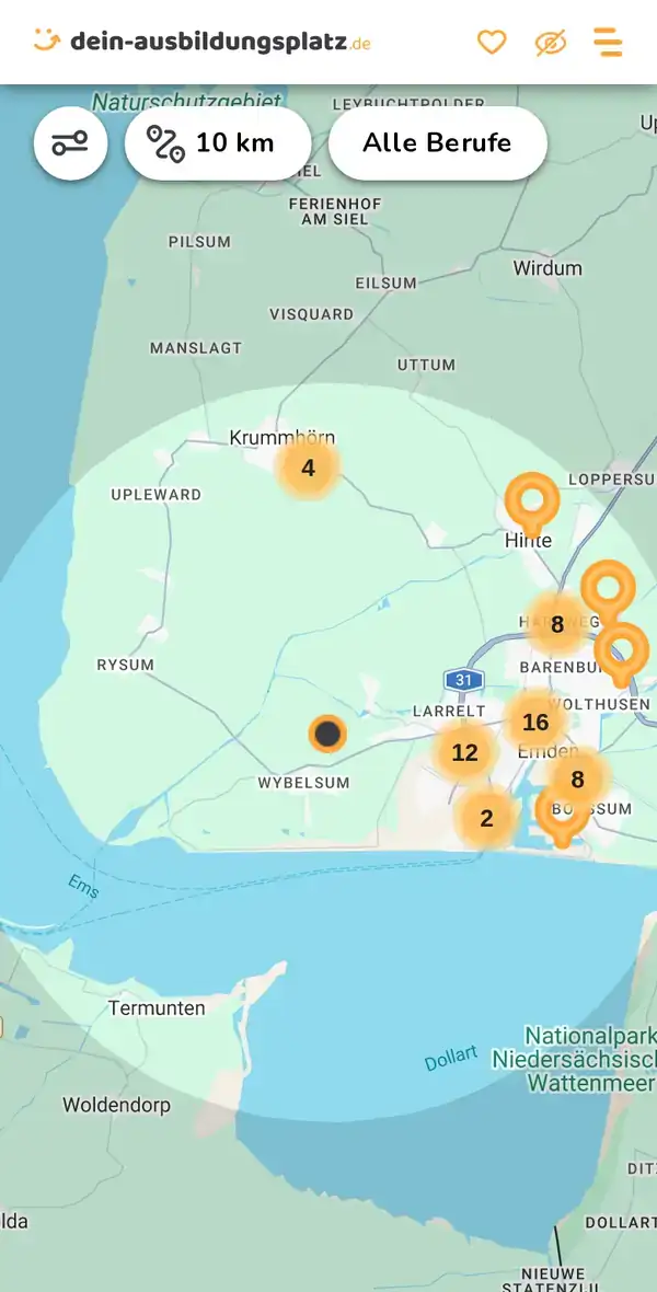 Karte von dein-ausbildungsplatz.de: Ausbildungsbetriebe im Umkreis von 10 km um 26723 Emden