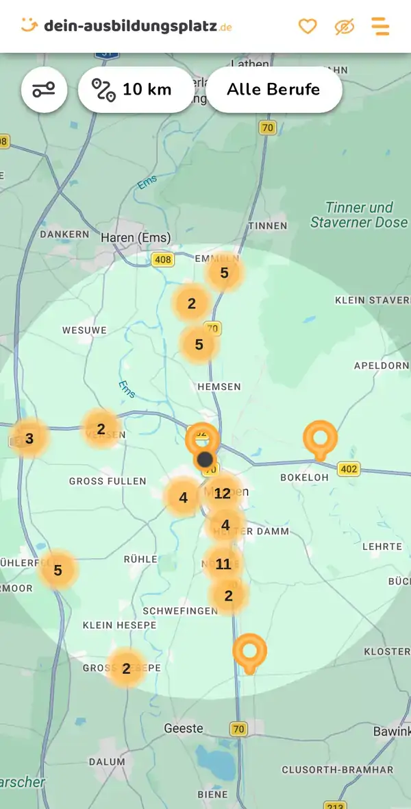 Karte von dein-ausbildungsplatz.de: Ausbildungsbetriebe im Umkreis von 10 km um 49716 Meppen