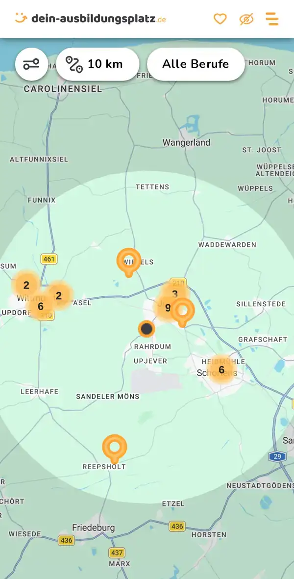 Karte von dein-ausbildungsplatz.de: Ausbildungsbetriebe im Umkreis von 10 km um 26441 Jever