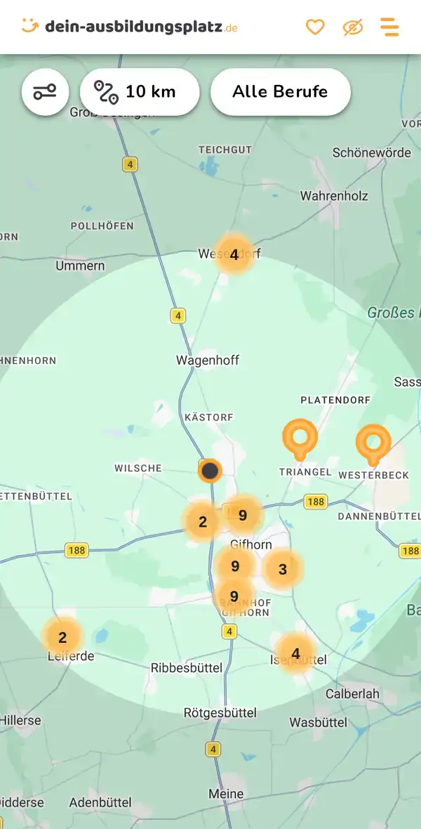 Karte von dein-ausbildungsplatz.de: Ausbildungsbetriebe im Umkreis von 10 km um 38518 Gifhorn