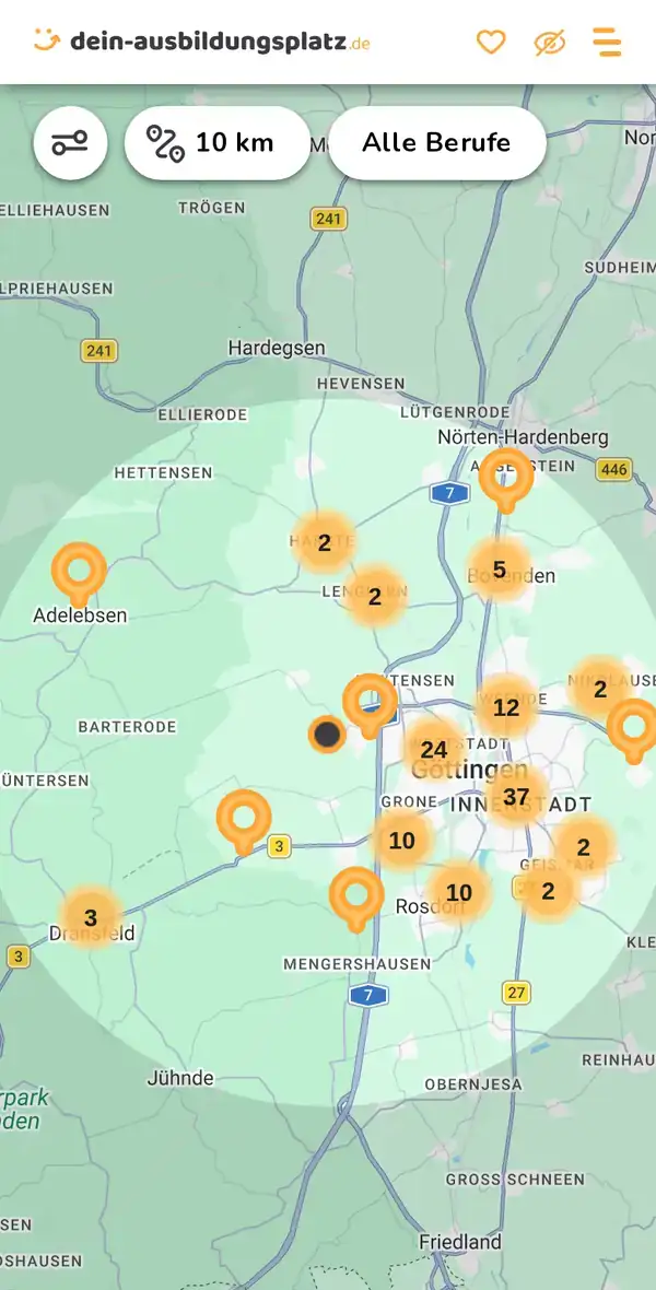 Karte von dein-ausbildungsplatz.de: Ausbildungsbetriebe im Umkreis von 10 km um 37079 Göttingen