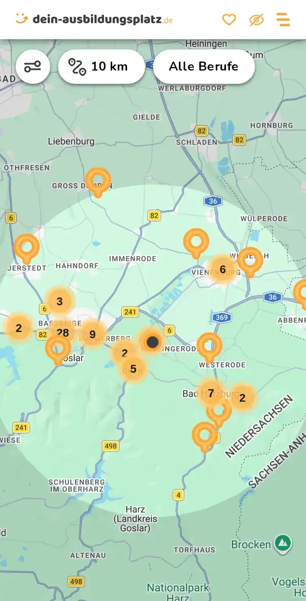 Karte von dein-ausbildungsplatz.de: Ausbildungsbetriebe im Umkreis von 10 km um 38644 Bad Harzburg