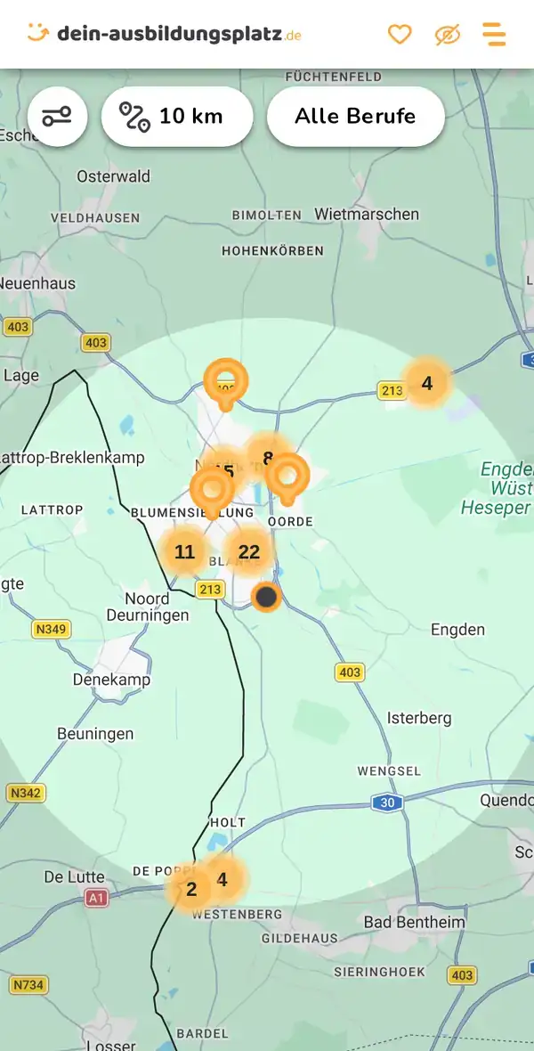 Karte von dein-ausbildungsplatz.de: Ausbildungsbetriebe im Umkreis von 10 km um 48529 Nordhorn