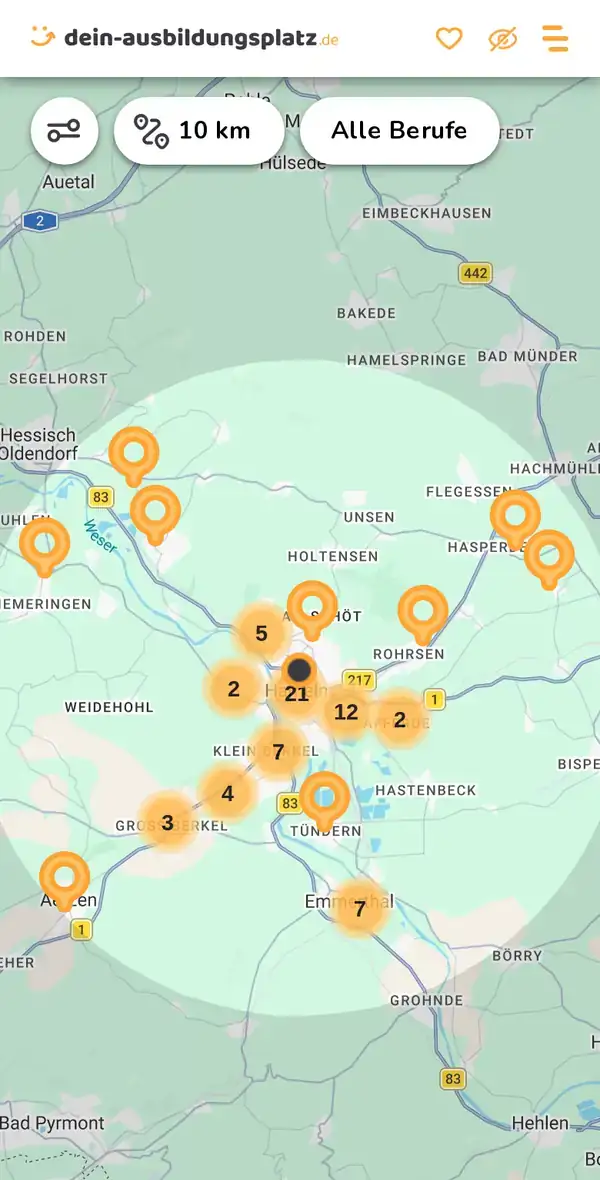 Karte von dein-ausbildungsplatz.de: Ausbildungsbetriebe im Umkreis von 10 km um 31785 Hameln