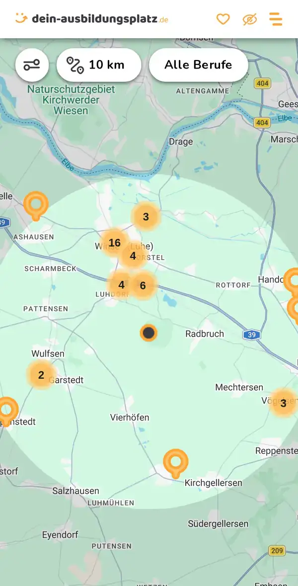 Karte von dein-ausbildungsplatz.de: Ausbildungsbetriebe im Umkreis von 10 km um 21423 Drage