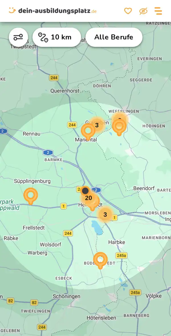 Karte von dein-ausbildungsplatz.de: Ausbildungsbetriebe im Umkreis von 10 km um 38350 Helmstedt