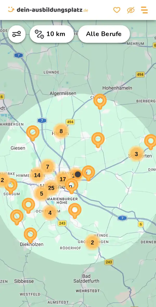 Karte von dein-ausbildungsplatz.de: Ausbildungsbetriebe im Umkreis von 10 km um 31135 Hildesheim