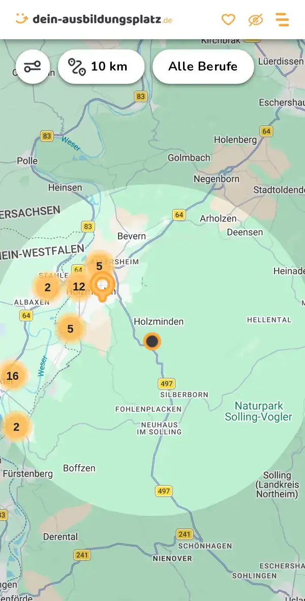 Karte von dein-ausbildungsplatz.de: Ausbildungsbetriebe im Umkreis von 10 km um 37603 Holzminden