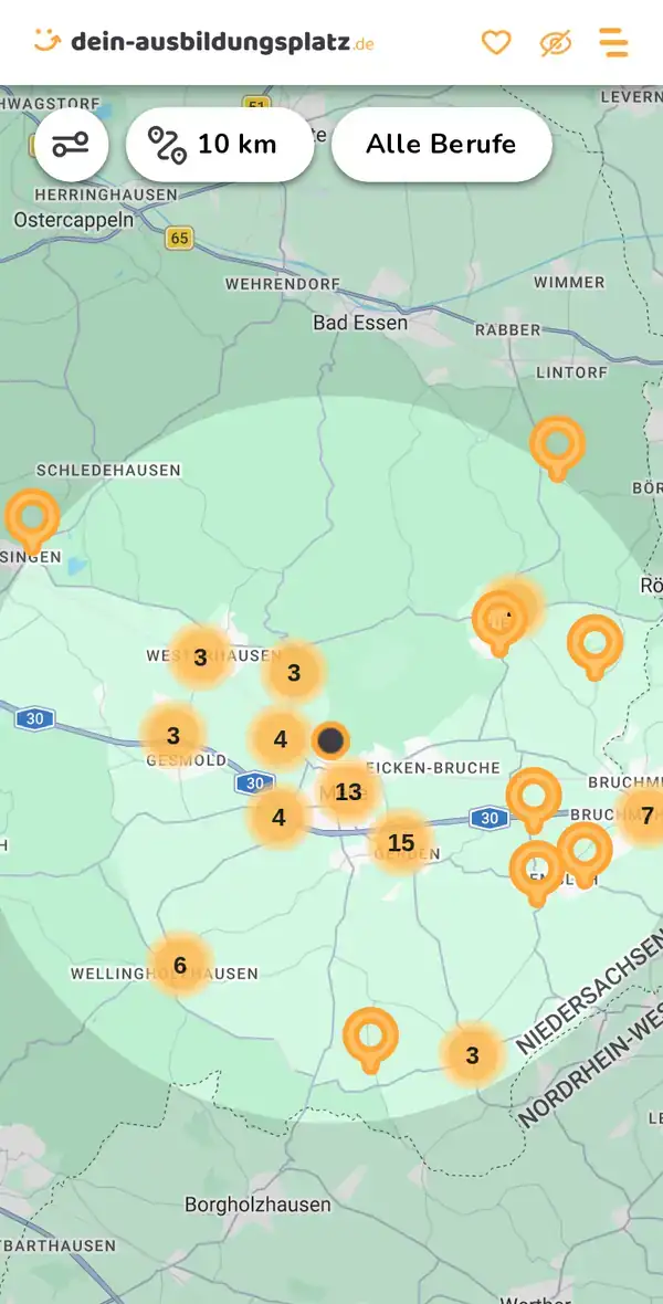 Karte von dein-ausbildungsplatz.de: Ausbildungsbetriebe im Umkreis von 10 km um 49324 Melle