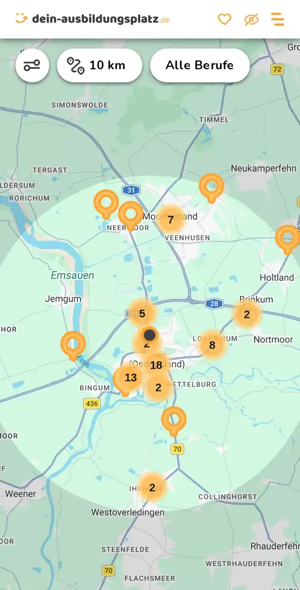 Karte von dein-ausbildungsplatz.de: Ausbildungsbetriebe im Umkreis von 10 km um 26789 Leer (Ostfriesland)