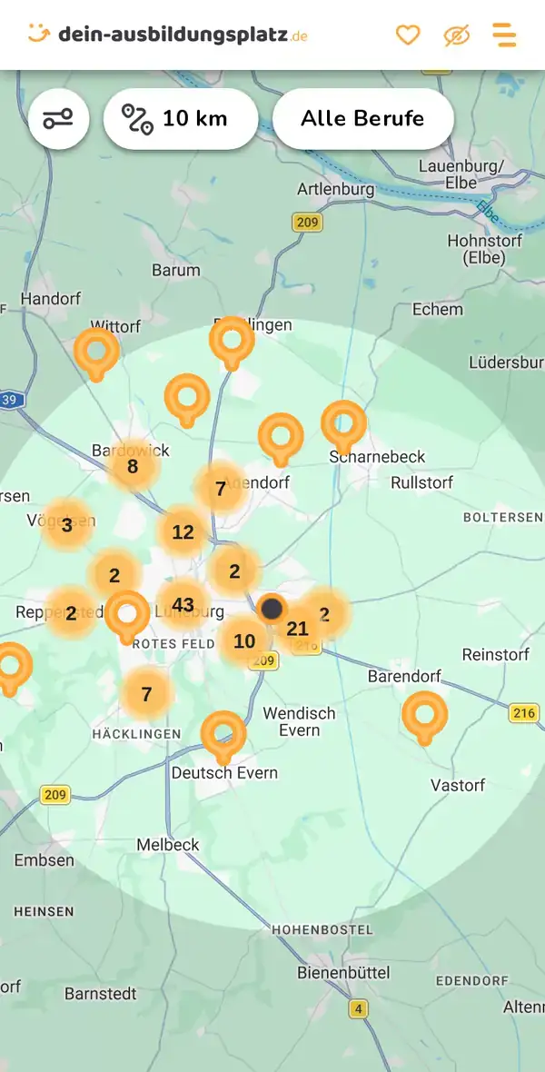 Karte von dein-ausbildungsplatz.de: Ausbildungsbetriebe im Umkreis von 10 km um 21337 Lüneburg