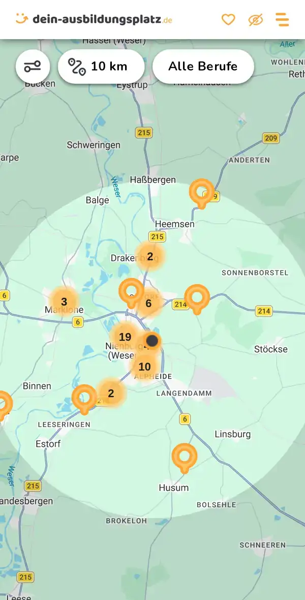 Karte von dein-ausbildungsplatz.de: Ausbildungsbetriebe im Umkreis von 10 km um 31582 Nienburg/Weser