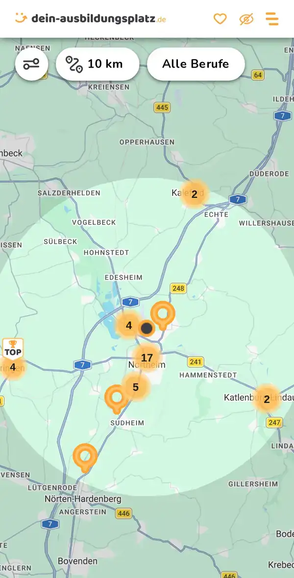 Karte von dein-ausbildungsplatz.de: Ausbildungsbetriebe im Umkreis von 10 km um 37154 Northeim