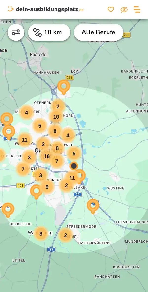 Karte von dein-ausbildungsplatz.de: Ausbildungsbetriebe im Umkreis von 10 km um 26135 Oldenburg