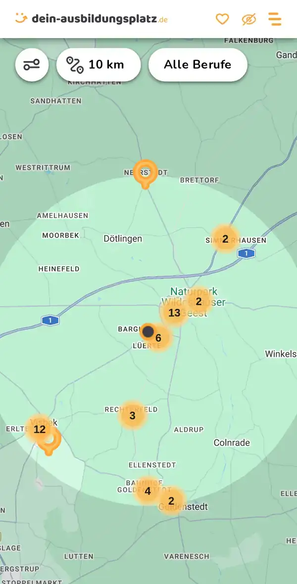 Karte von dein-ausbildungsplatz.de: Ausbildungsbetriebe im Umkreis von 10 km um 27793 Wildeshausen