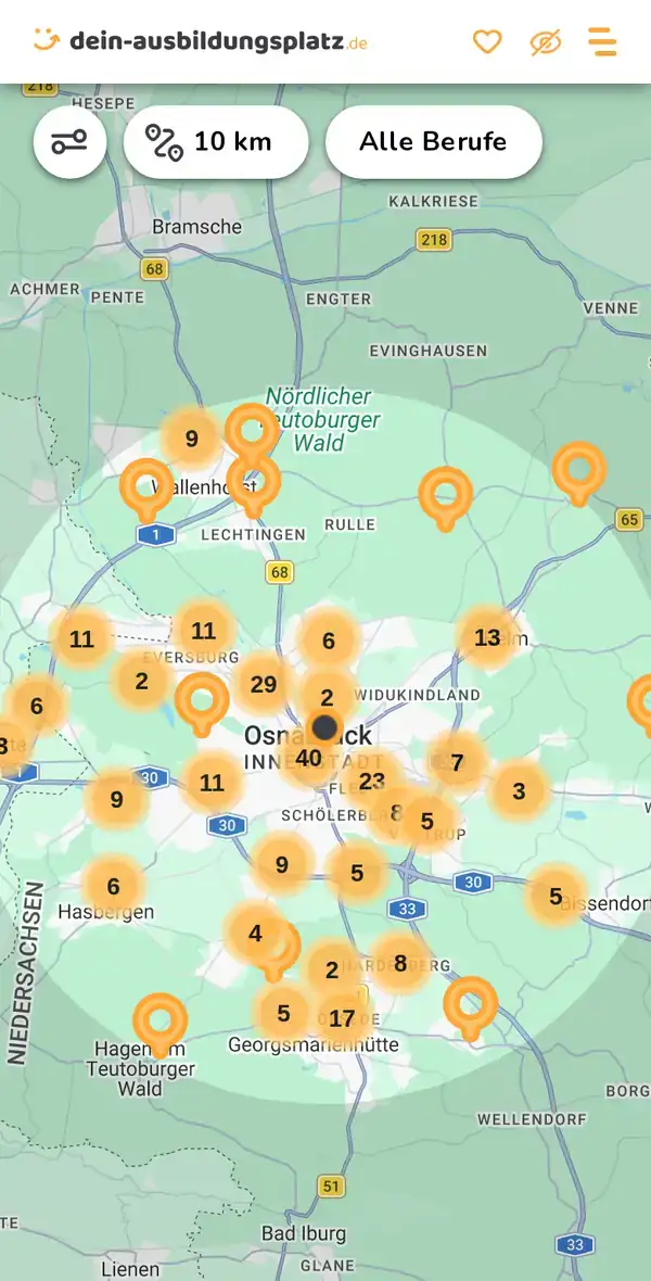Karte von dein-ausbildungsplatz.de: Ausbildungsbetriebe im Umkreis von 10 km um 49074 Osnabrück