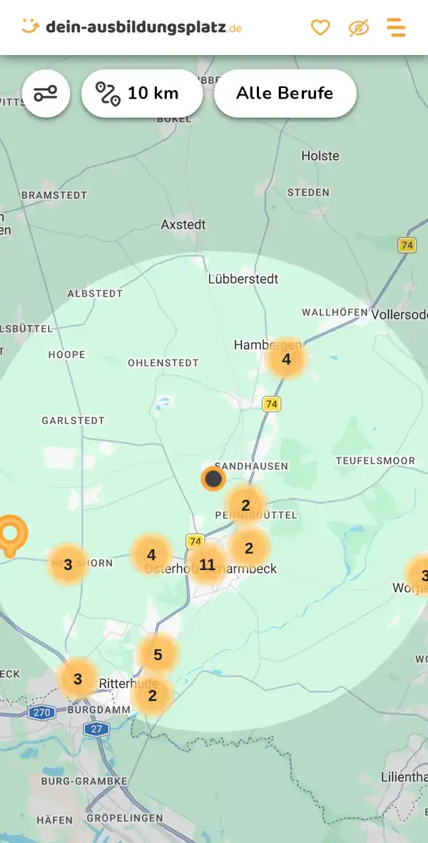 Karte von dein-ausbildungsplatz.de: Ausbildungsbetriebe im Umkreis von 10 km um 27711 Osterholz-Scharmbeck