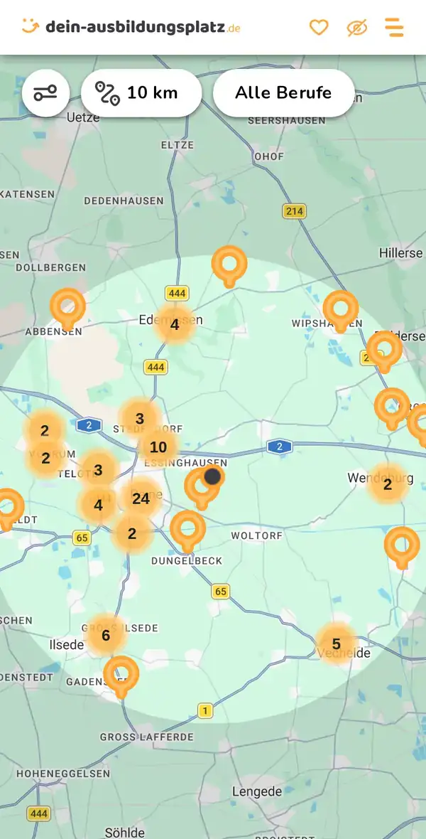 Karte von dein-ausbildungsplatz.de: Ausbildungsbetriebe im Umkreis von 10 km um 31224 Peine