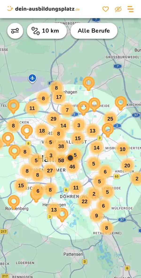 Karte von dein-ausbildungsplatz.de: Ausbildungsbetriebe im Umkreis von 10 km um 30159 Hannover