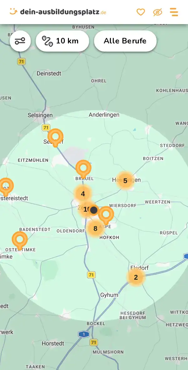 Karte von dein-ausbildungsplatz.de: Ausbildungsbetriebe im Umkreis von 10 km um 27404 Elsdorf