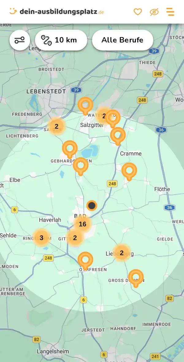 Karte von dein-ausbildungsplatz.de: Ausbildungsbetriebe im Umkreis von 10 km um 38259 Salzgitter