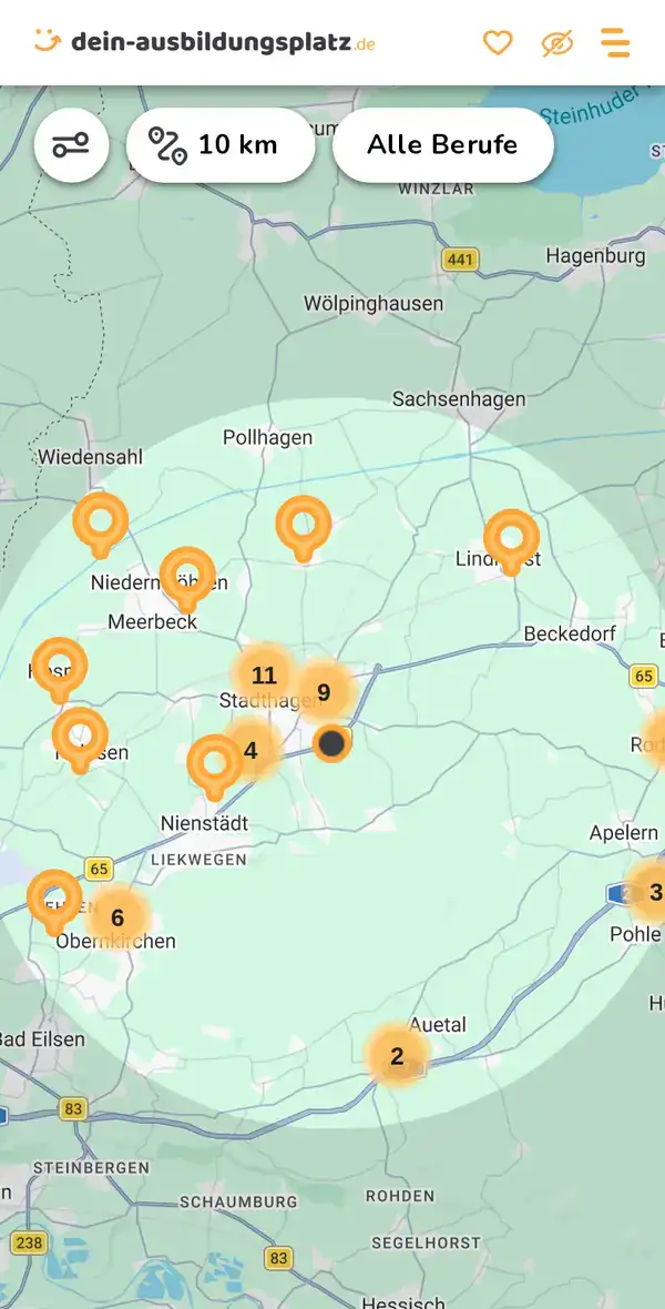 Karte von dein-ausbildungsplatz.de: Ausbildungsbetriebe im Umkreis von 10 km um 31655 Stadthagen