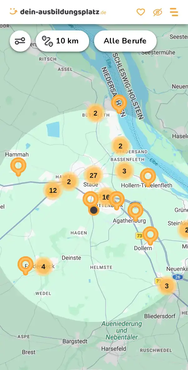 Karte von dein-ausbildungsplatz.de: Ausbildungsbetriebe im Umkreis von 10 km um 21684 Agathenburg