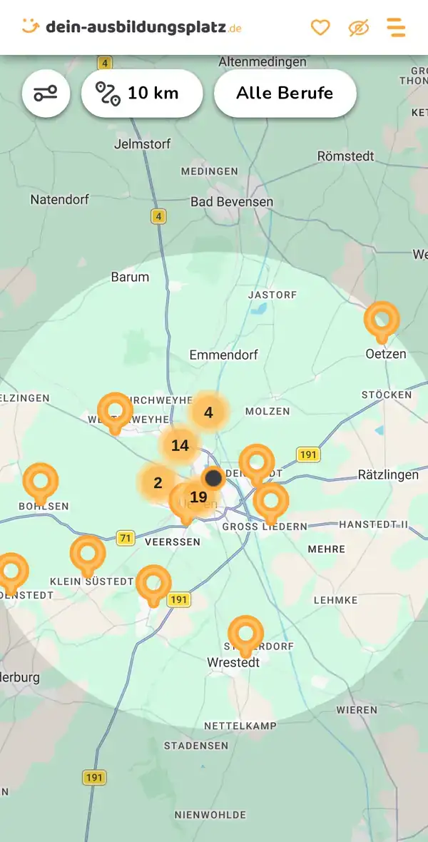 Karte von dein-ausbildungsplatz.de: Ausbildungsbetriebe im Umkreis von 10 km um 29525 Uelzen