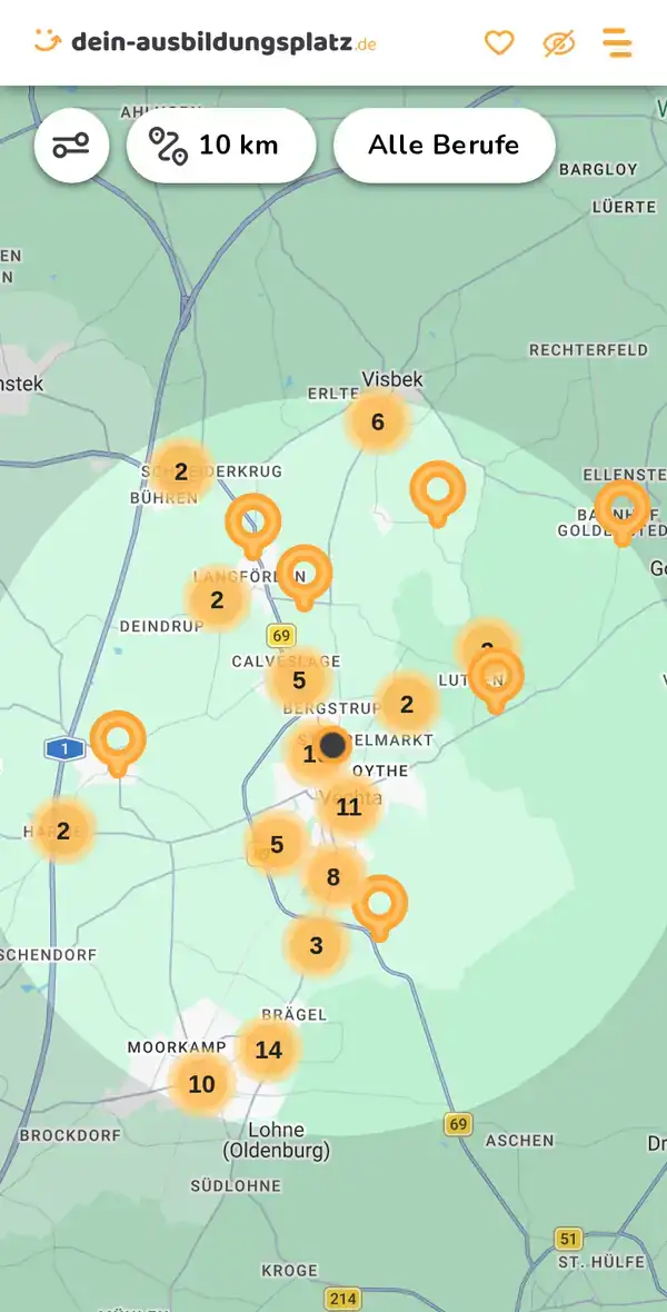 Karte von dein-ausbildungsplatz.de: Ausbildungsbetriebe im Umkreis von 10 km um 49377 Vechta