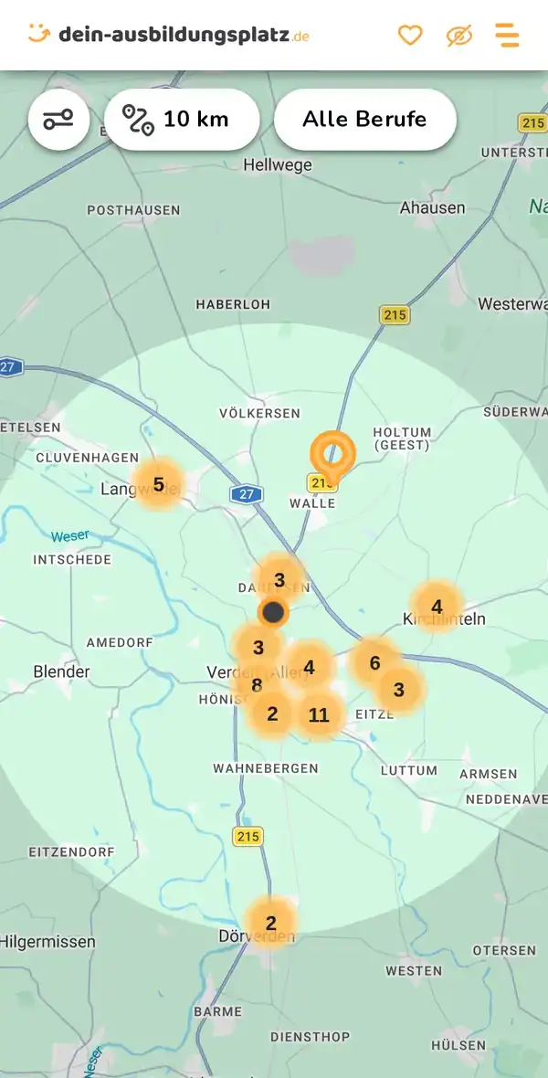 Karte von dein-ausbildungsplatz.de: Ausbildungsbetriebe im Umkreis von 10 km um 27283 Verden (Aller)