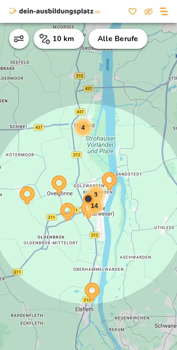 Karte von dein-ausbildungsplatz.de: Ausbildungsbetriebe im Umkreis von 10 km um 26919 Brake