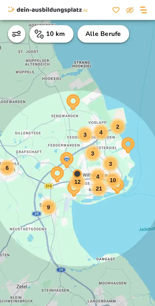 Karte von dein-ausbildungsplatz.de: Ausbildungsbetriebe im Umkreis von 10 km um 26389 Wilhelmshaven