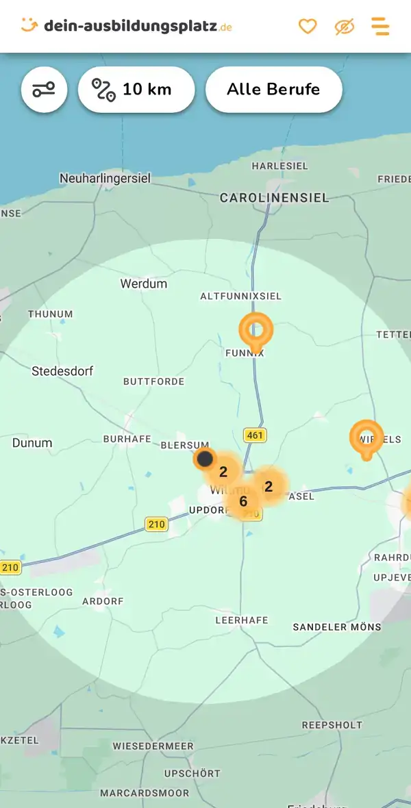 Karte von dein-ausbildungsplatz.de: Ausbildungsbetriebe im Umkreis von 10 km um 26409 Wittmund