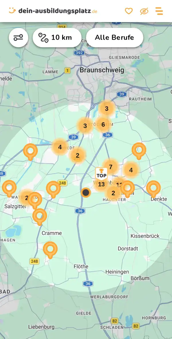 Karte von dein-ausbildungsplatz.de: Ausbildungsbetriebe im Umkreis von 10 km um 38304 Wolfenbüttel